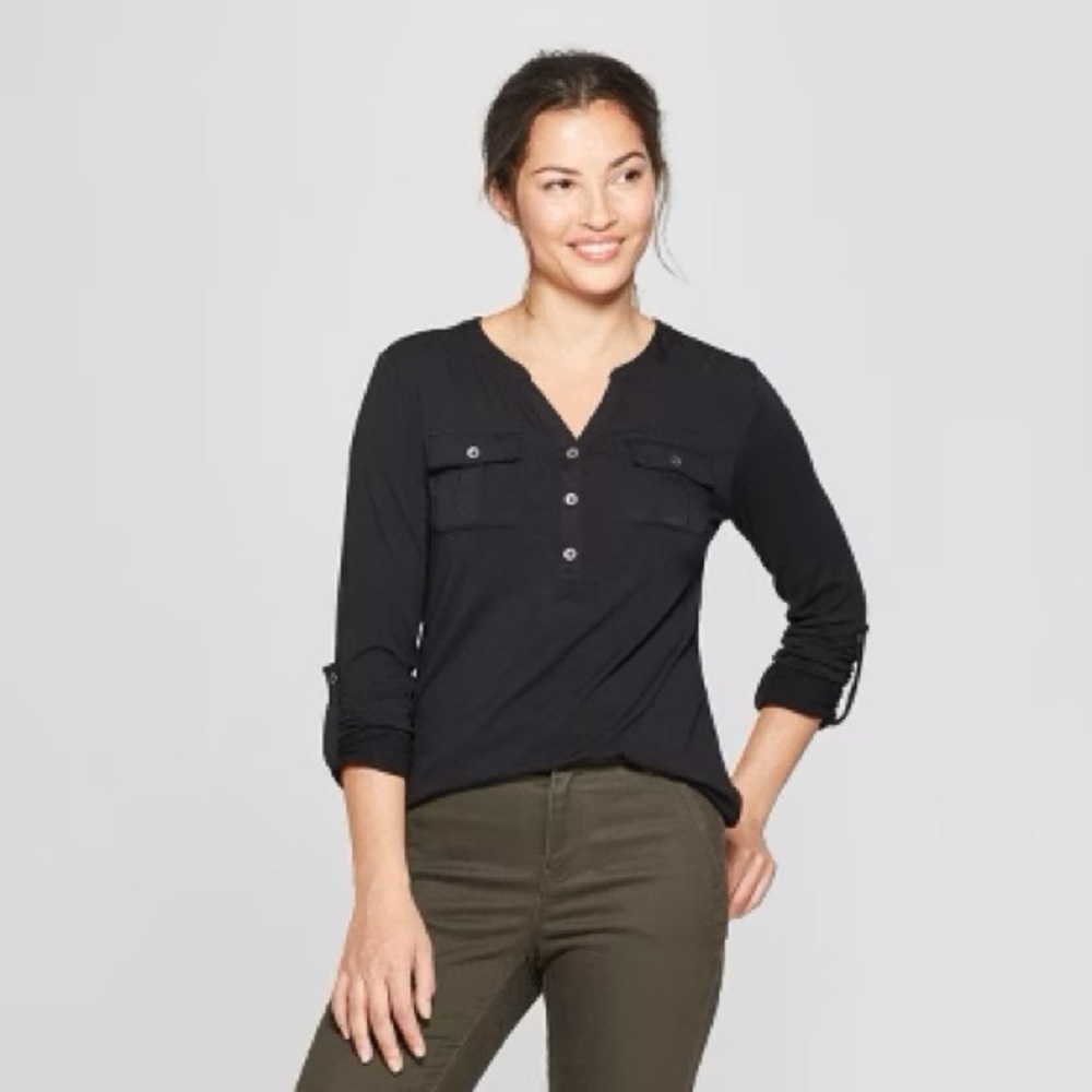 Black Long Sleeve Henley Shirt